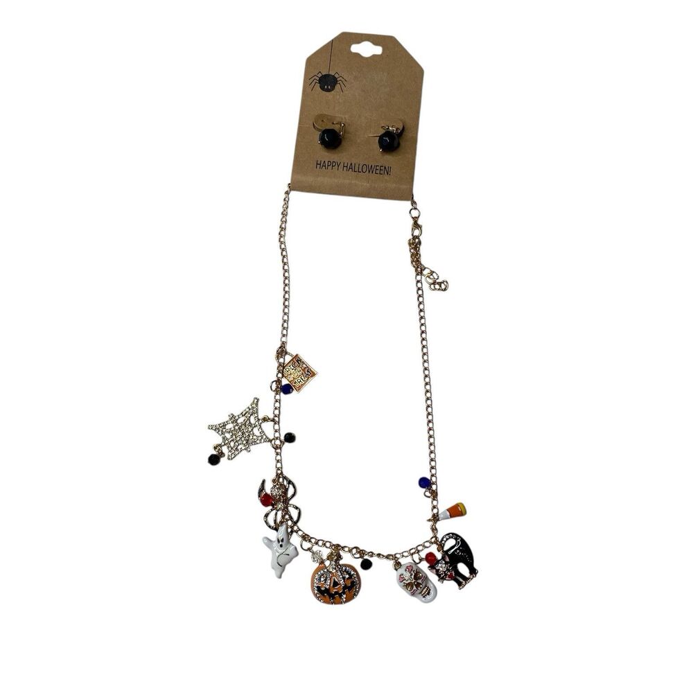 Halloween Necklace & Ear Rings Skull And Bones, Witch And Bats, Jack-O-Lanterns